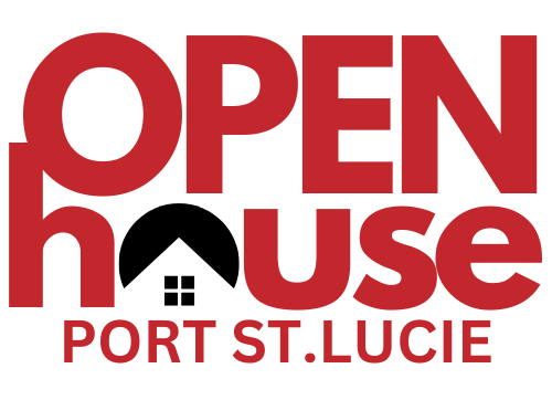 Open House Port St. Lucie Logo featuring red bold text and a house icon in white.